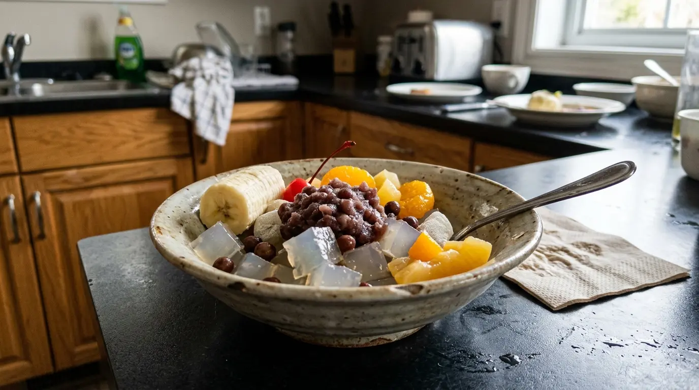 Anmitsu – japoński deser z galaretką agar, owocami i pastą z fasoli