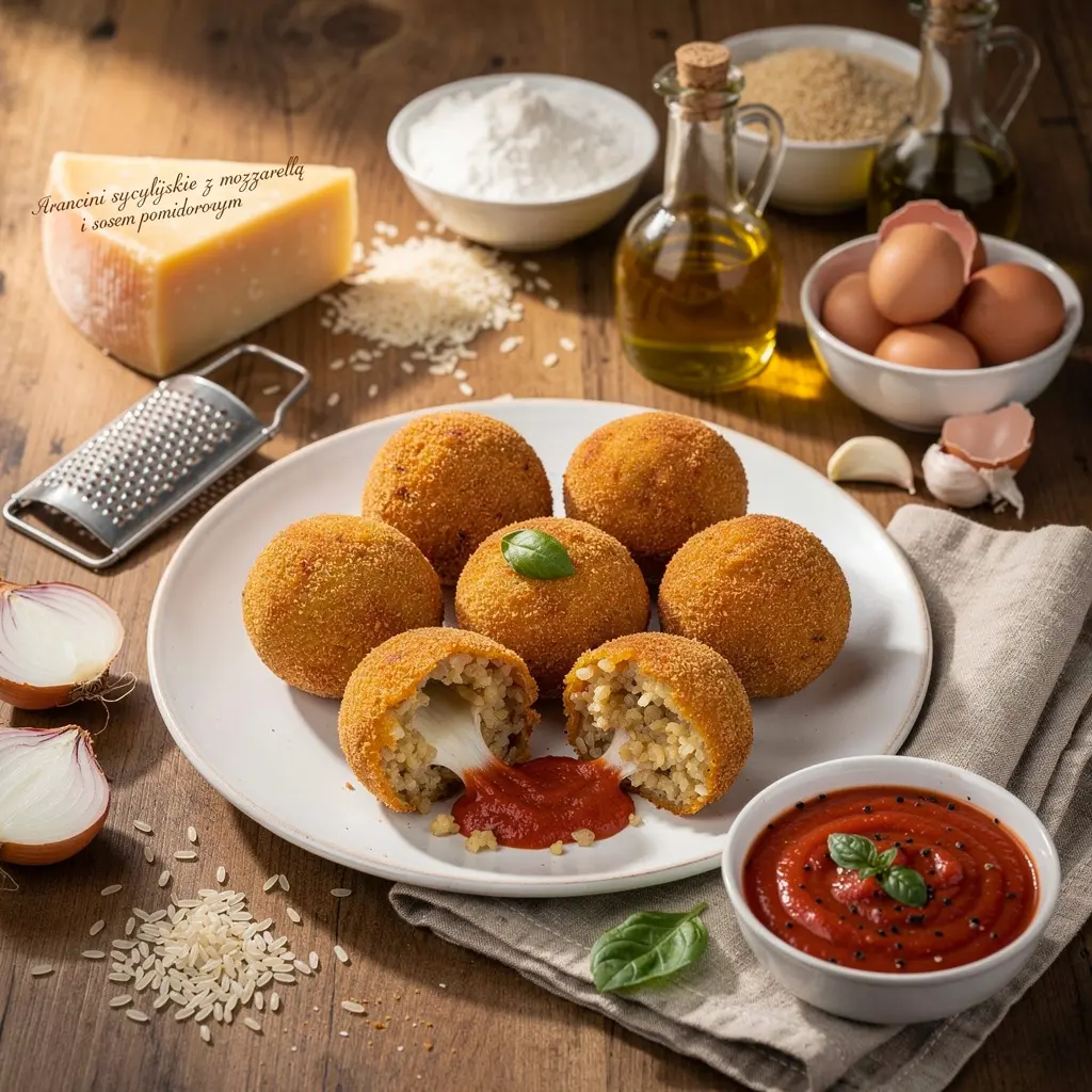Arancini sycylijskie z mozzarellą i sosem pomidorowym