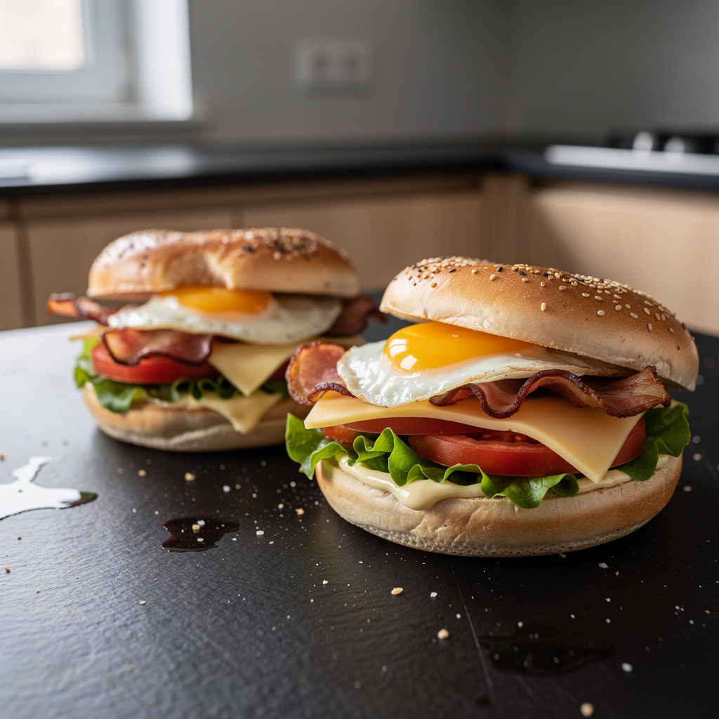 Bagel śniadaniowy z jajkiem, bekonem i serem