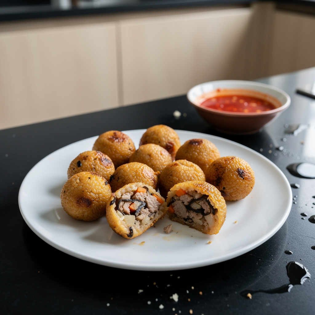 Banh ran man – smażone kulki ryżowe z nadzieniem mięsnym