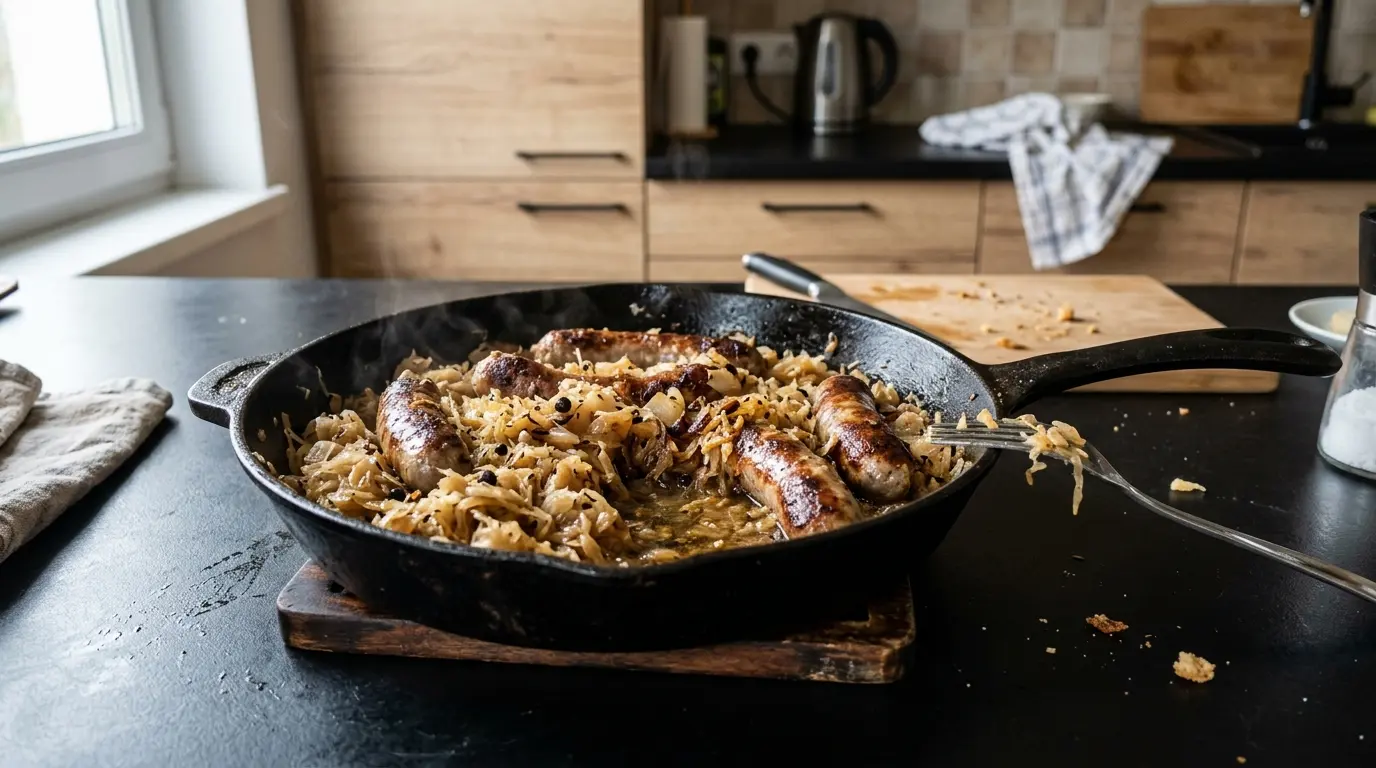 Bratwurst z kiszoną kapustą i cebulą z patelni