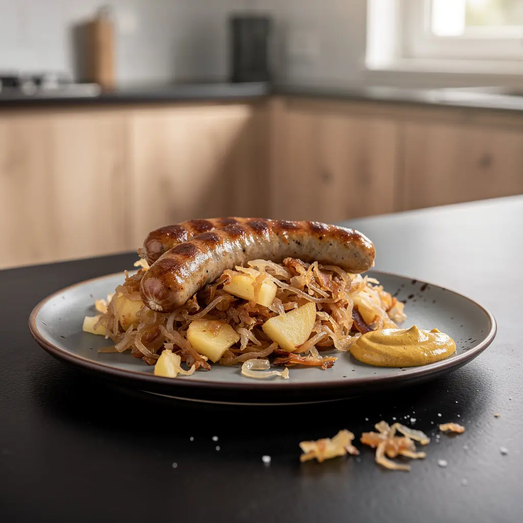 Bratwurst z kiszoną kapustą i cebulą z patelni
