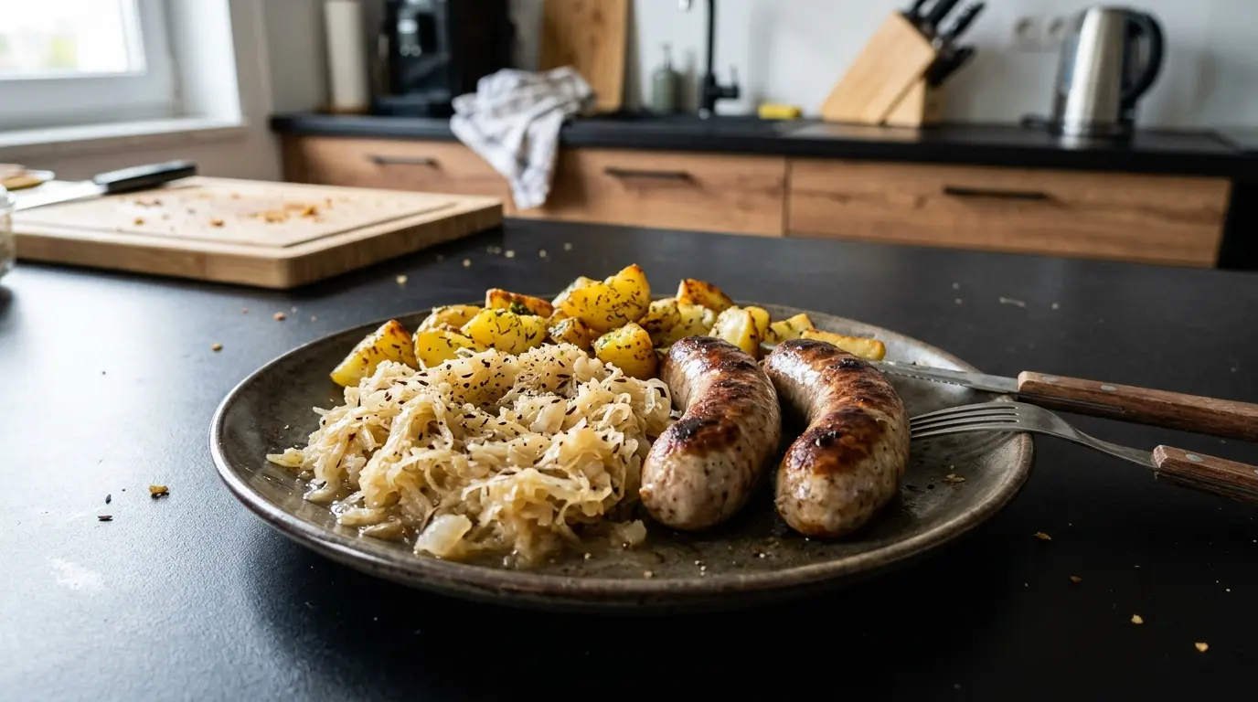 Bratwurst z kiszoną kapustą i pieczonymi ziemniakami
