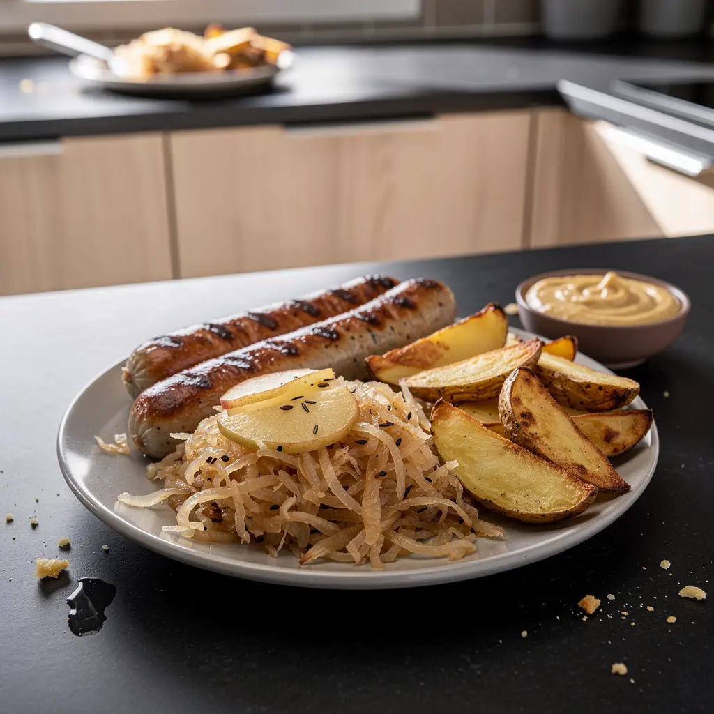 Bratwurst avec choucroute et pommes de terre rôties