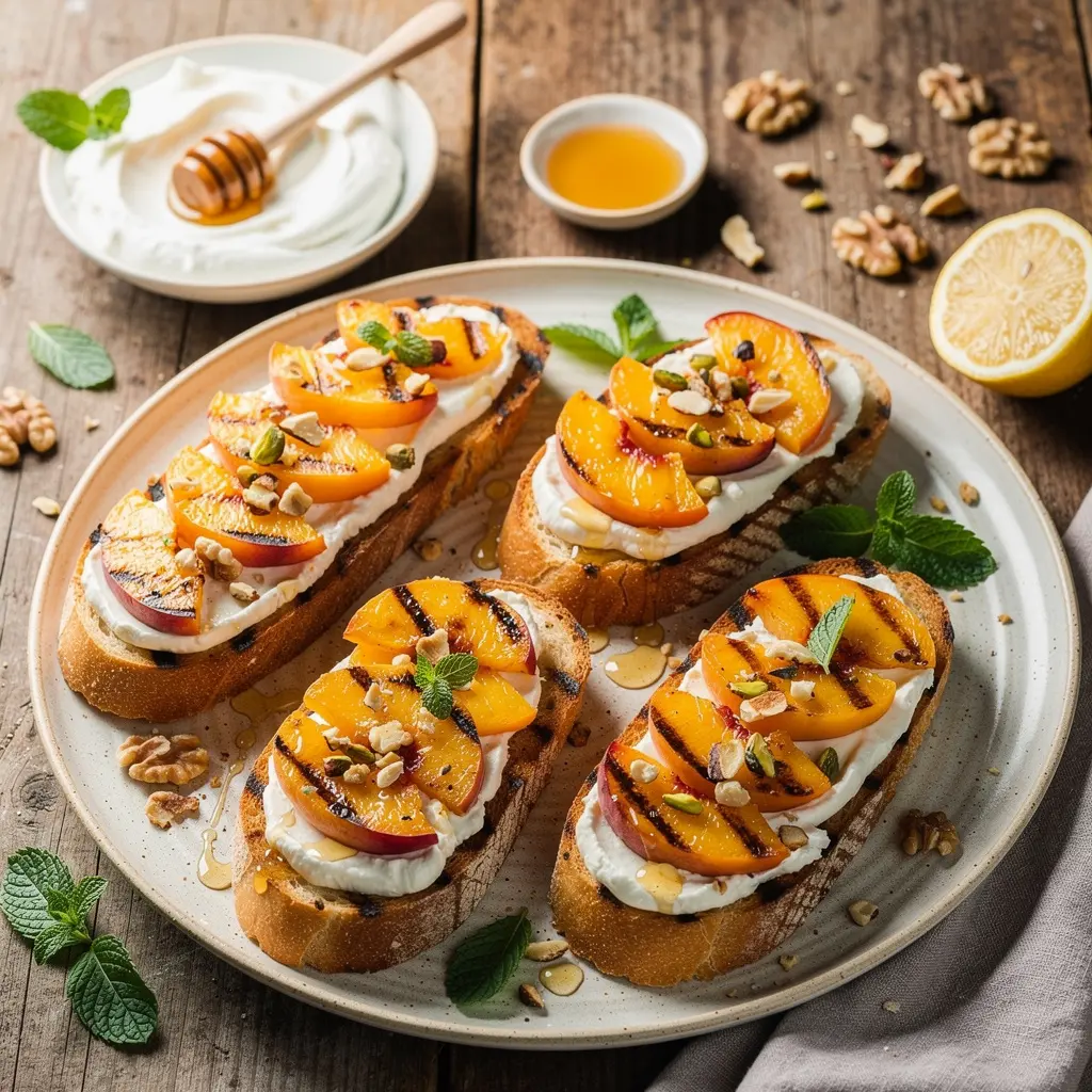 Bruschetta z kremowym mascarpone i grillowaną brzoskwinią