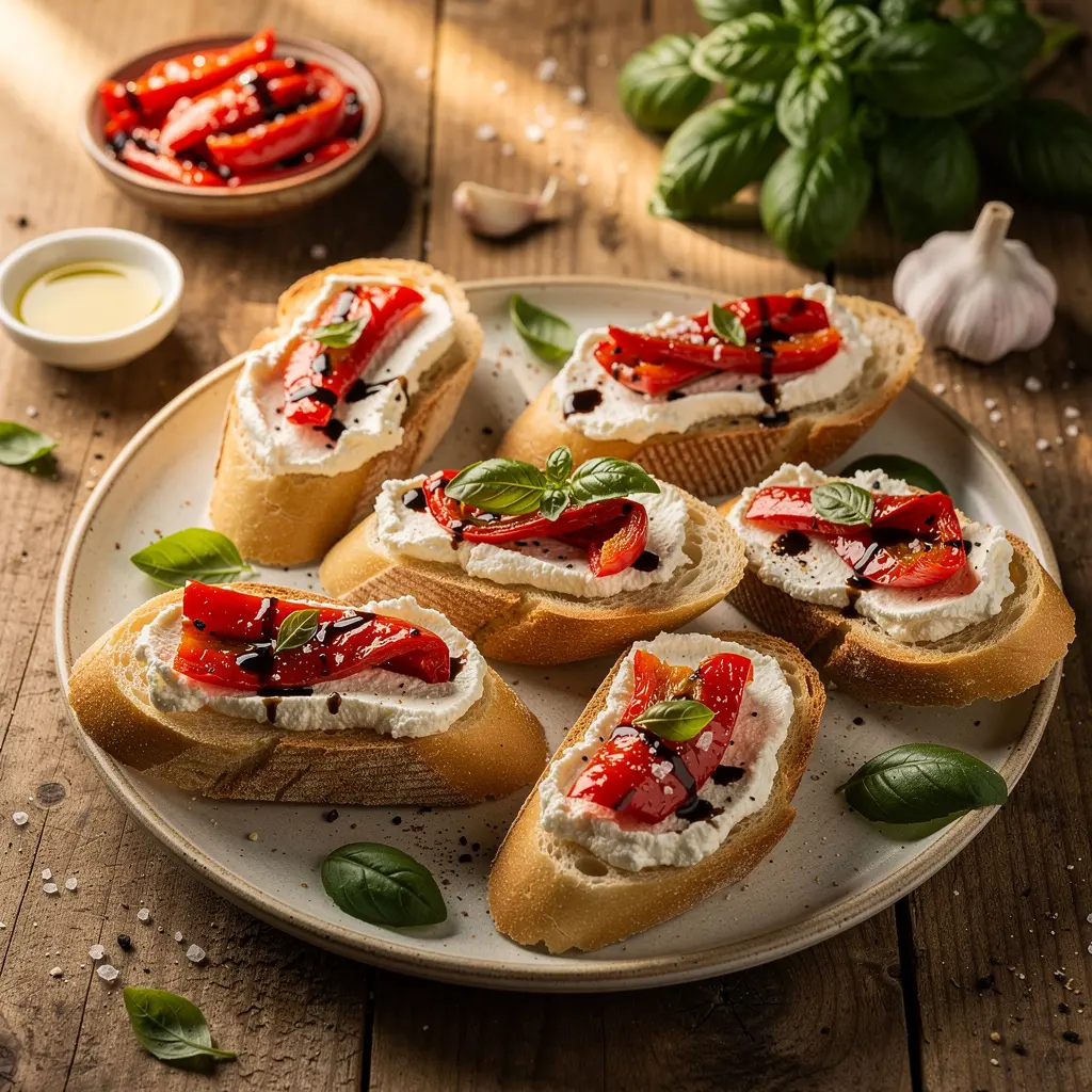 Bruschetta z kremowym serem ricotta i pieczoną papryką