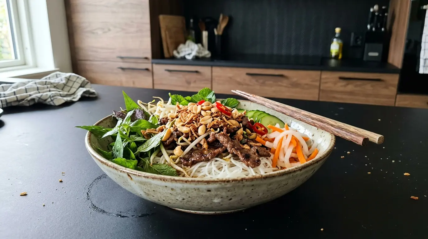 Bun bo Nam Bo – makaron ryżowy z wołowiną i ziołami