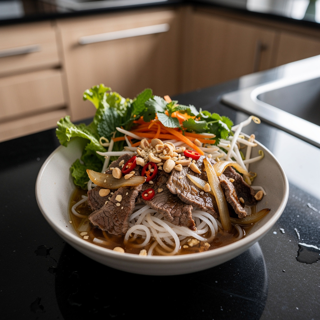 Bun bo Nam Bo – makaron ryżowy z wołowiną i ziołami