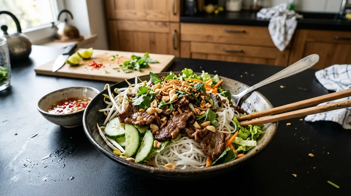 Bun bo xao – sałatka z makaronu ryżowego z wołowiną