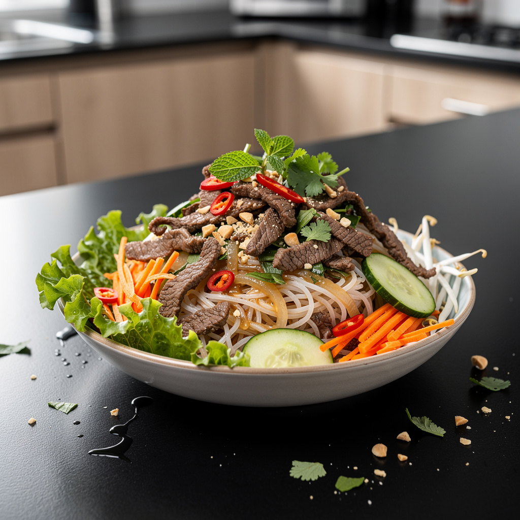 Bun bo xao – sałatka z makaronu ryżowego z wołowiną