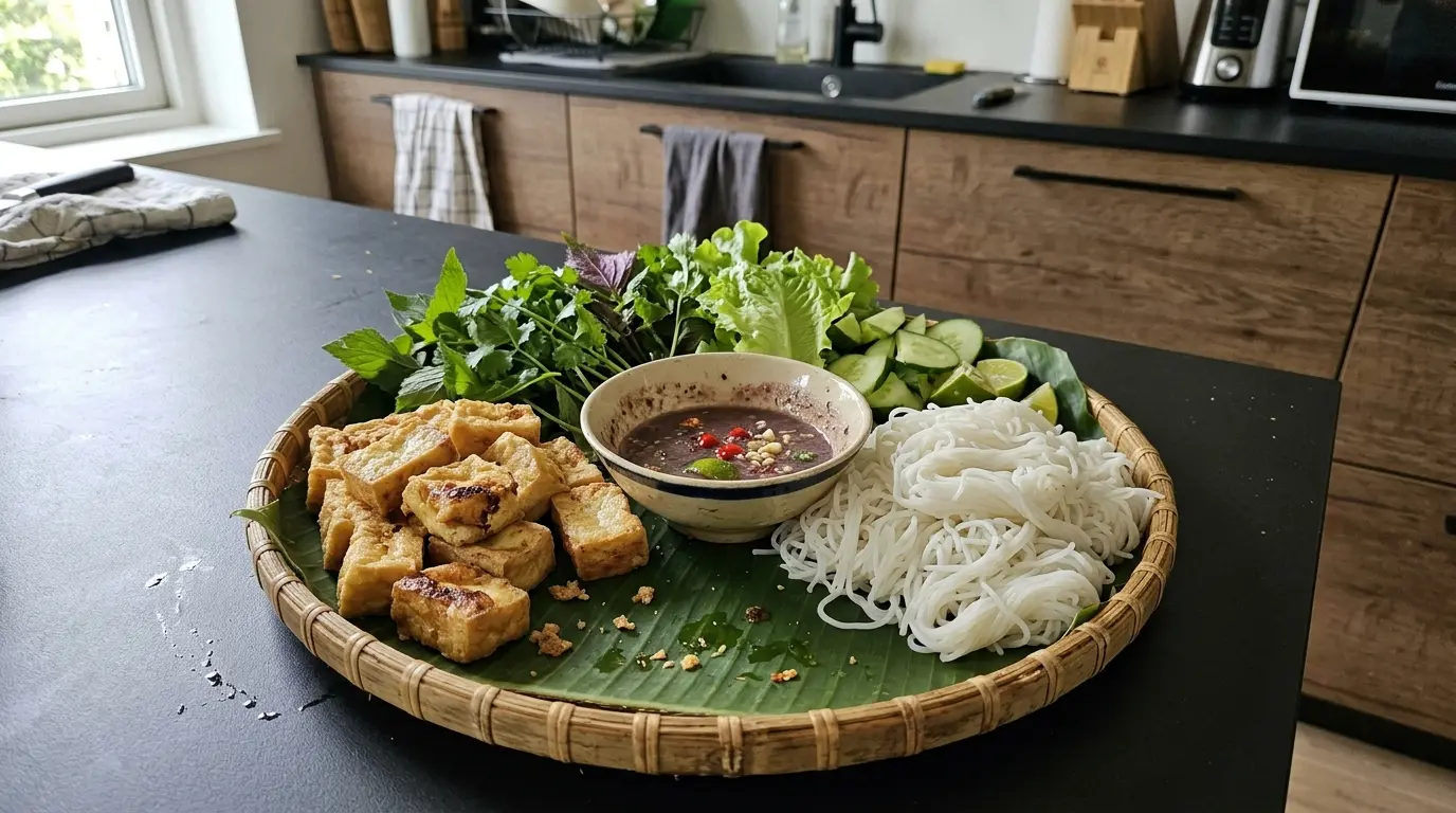 Bun dau mam tom – makaron ryżowy z tofu i sosem krewetkowym