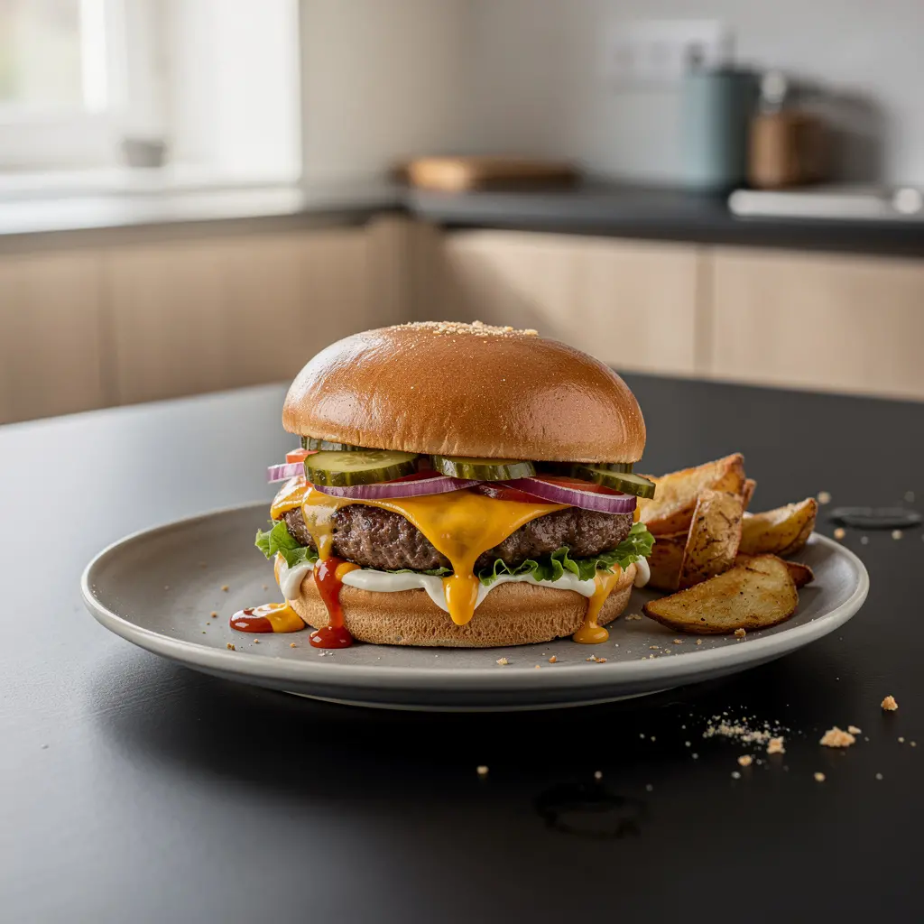 Burger wołowy z serem cheddar i ogórkiem kiszonym