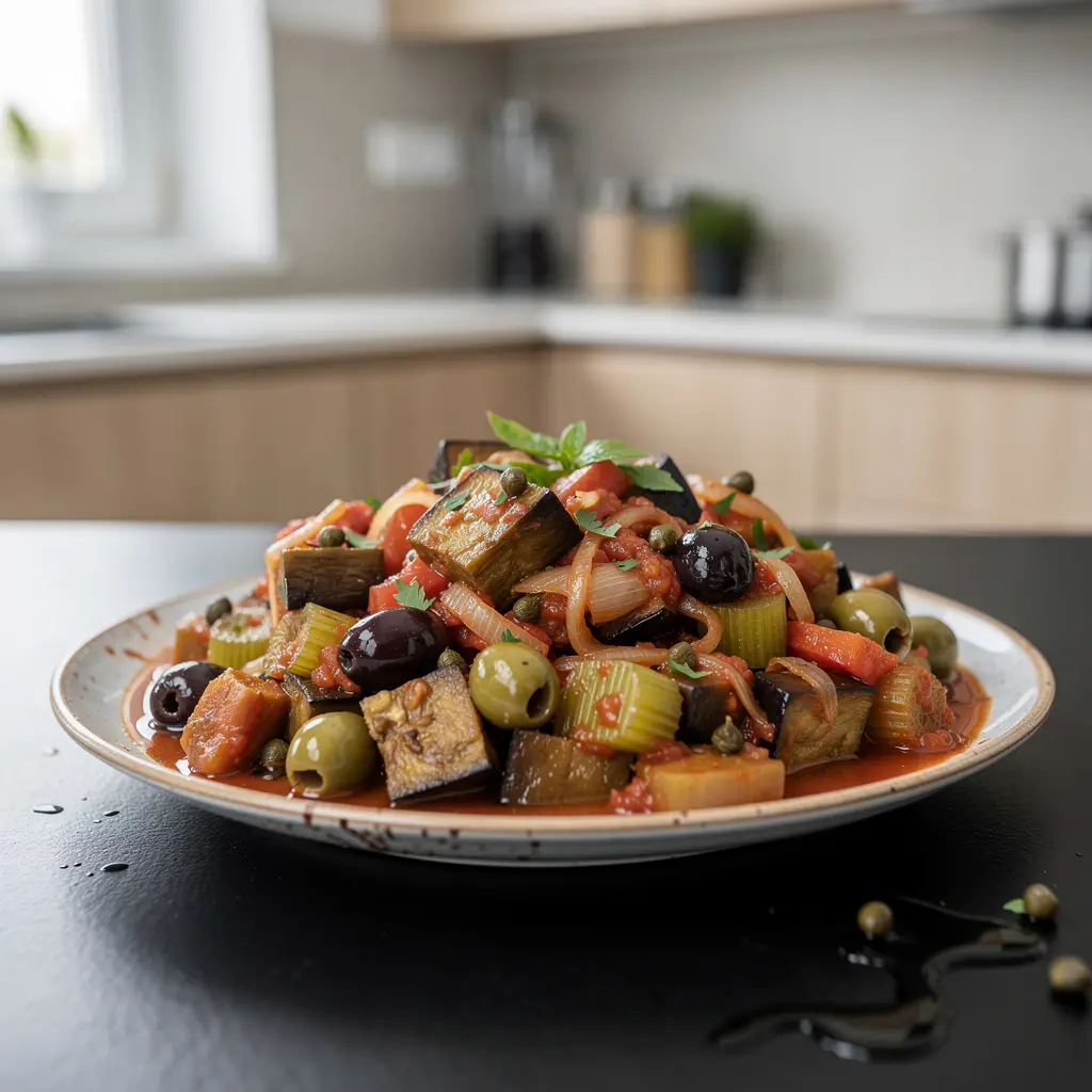 Caponata sycylijska – duszony bakłażan z warzywami i kaparami