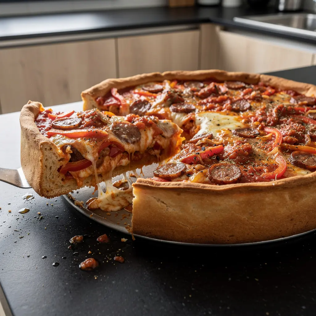 Chicago deep dish pizza z serem i kiełbasą