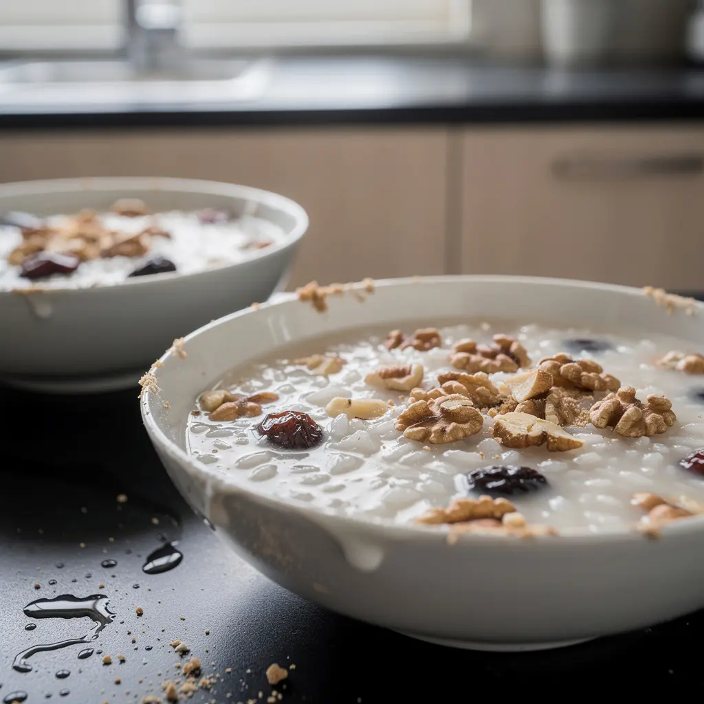 Chinese Rice Porridge with Dates and Nuts for Breakfast
