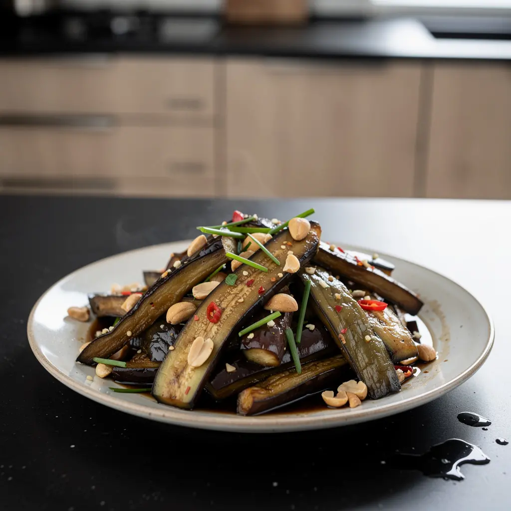 Chińska sałatka z bakłażana na ciepło z orzeszkami ziemnymi