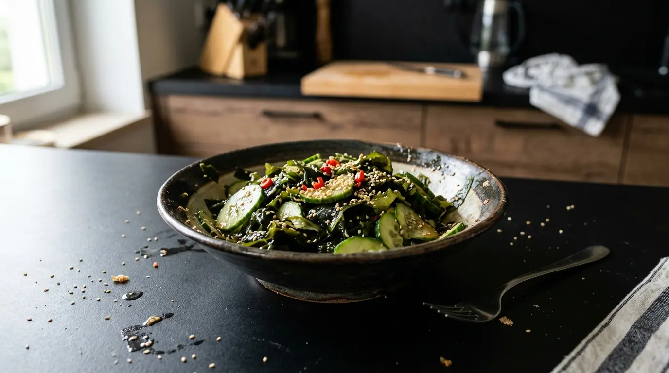 Chinesischer Salat aus Wakame-Algen und Gurke mit Sesam