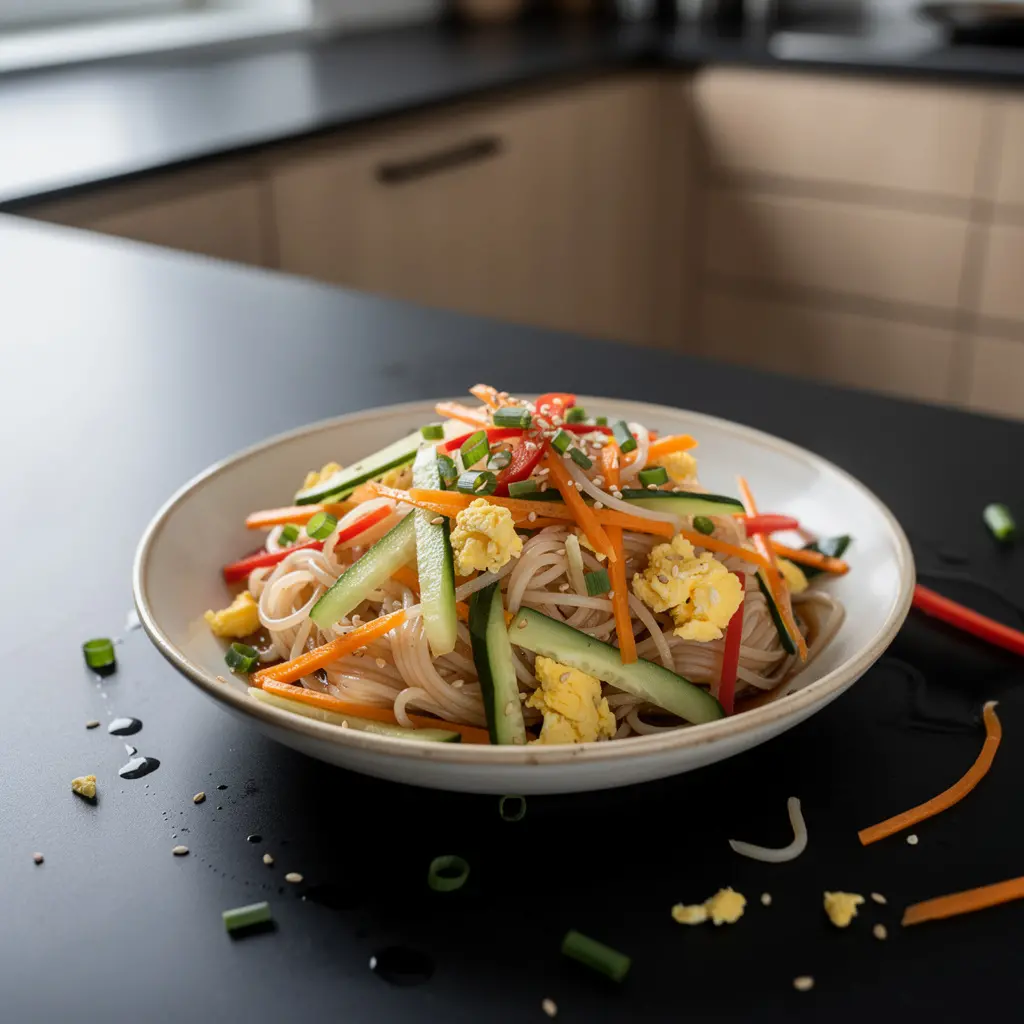 Chinese Rice Noodle Salad with Egg and Vegetables