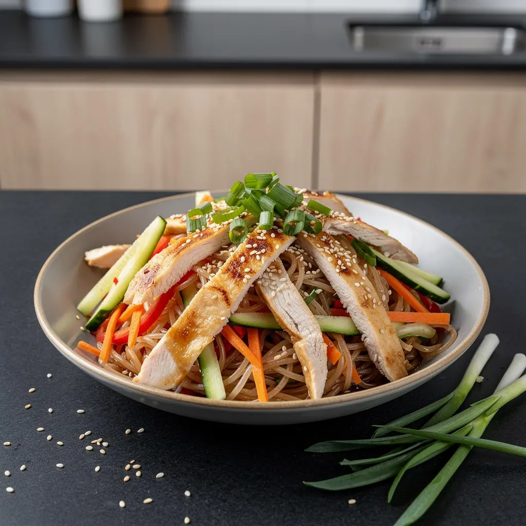 Chińska sałatka z makaronu ryżowego z kurczakiem i sezamem