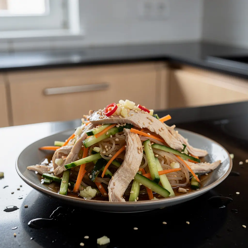 Chińska sałatka z makaronu ryżowego z ogórkiem i kurczakiem