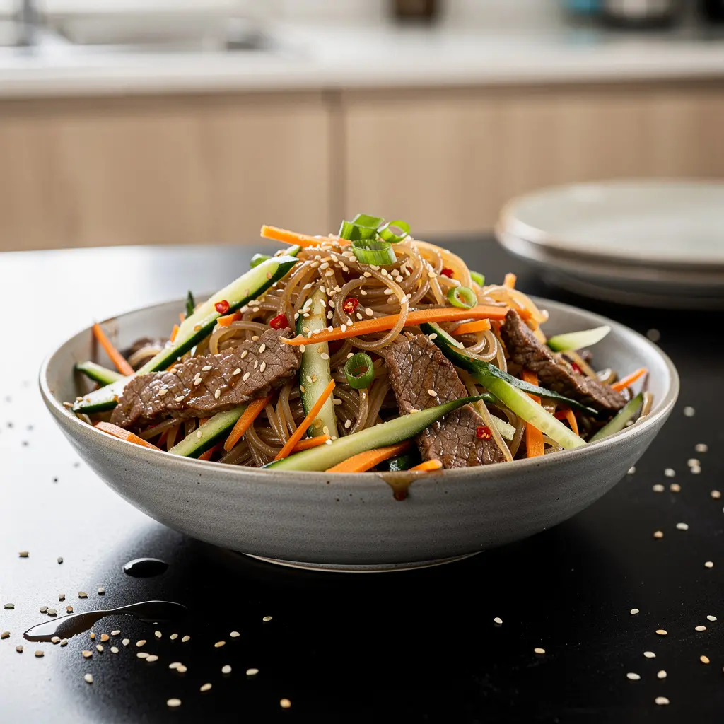 Chińska sałatka z makaronu ryżowego z wołowiną i sezamem