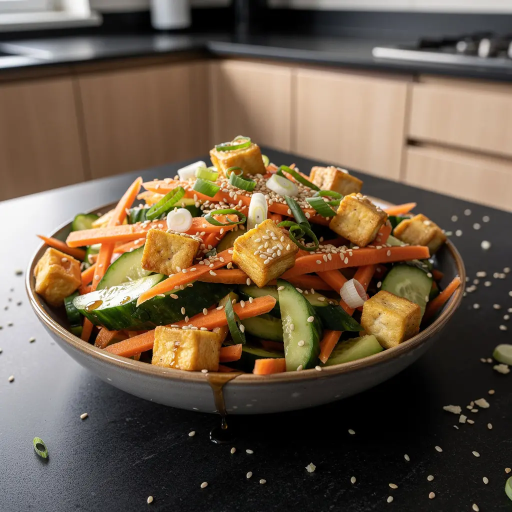 Chińska sałatka z tofu, marchewki i ogórka z sezamem