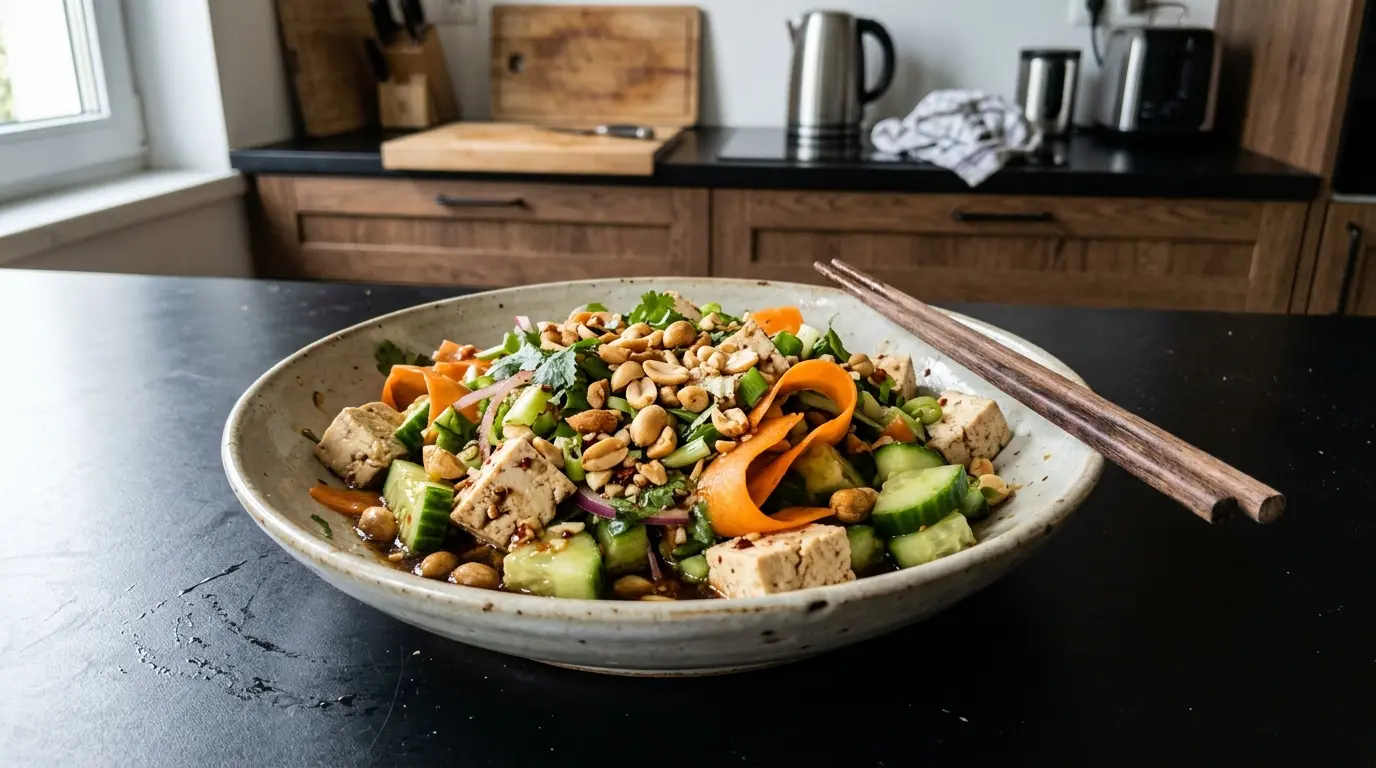 Chińska sałatka z tofu, ogórka i orzeszków ziemnych