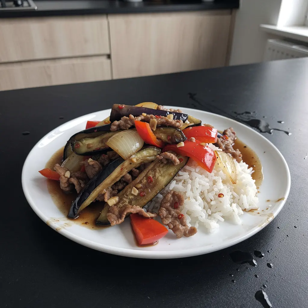 Chińska wieprzowina smażona z bakłażanem i papryką