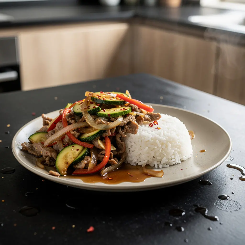 Chińska wieprzowina smażona z cukinią i papryką