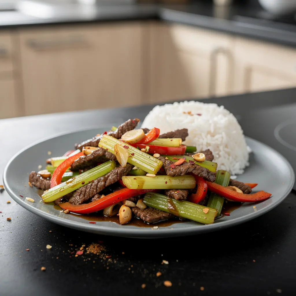 Chińska wołowina smażona z selerem naciowym i papryką