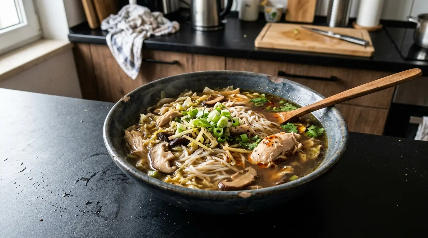Zuppa cinese con pollo, funghi e noodles di riso
