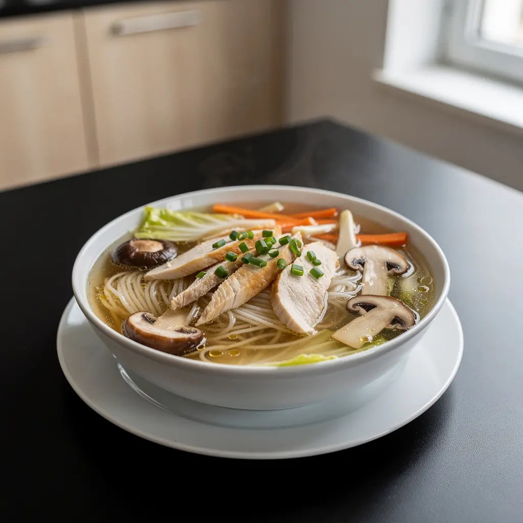 Chińska zupa z kurczakiem, grzybami i makaronem ryżowym