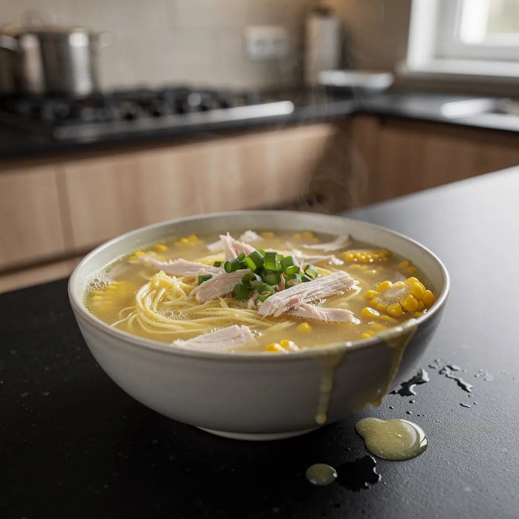 Chińska zupa z kurczakiem i jajkiem w gęstym bulionie kukurydzianym