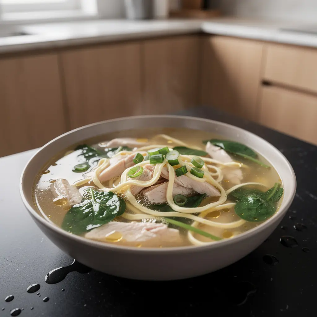 Chińska zupa z kurczakiem, jajkiem i szpinakiem w lekkim bulionie