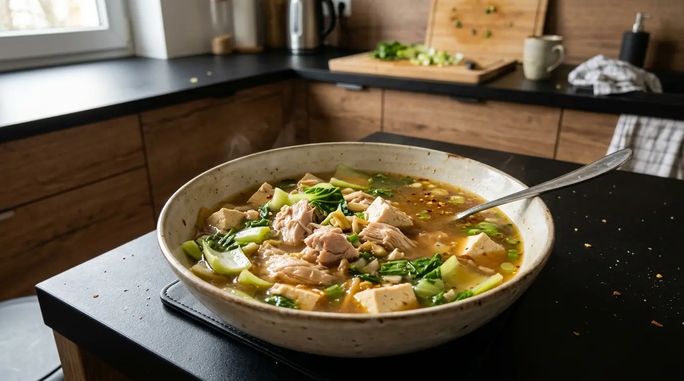 Zuppa cinese con pollo, tofu e cavolo pak choi