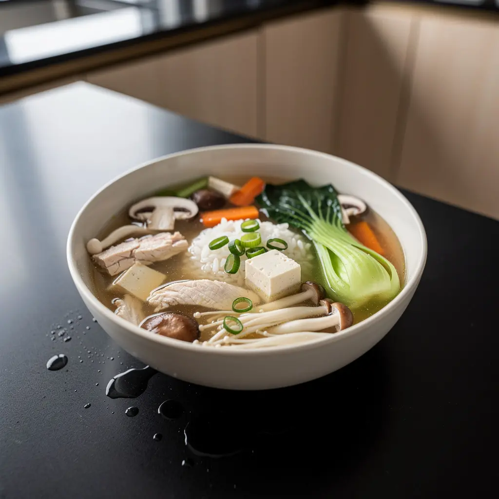 Chińska zupa z kurczakiem, tofu i kapustą pak choi