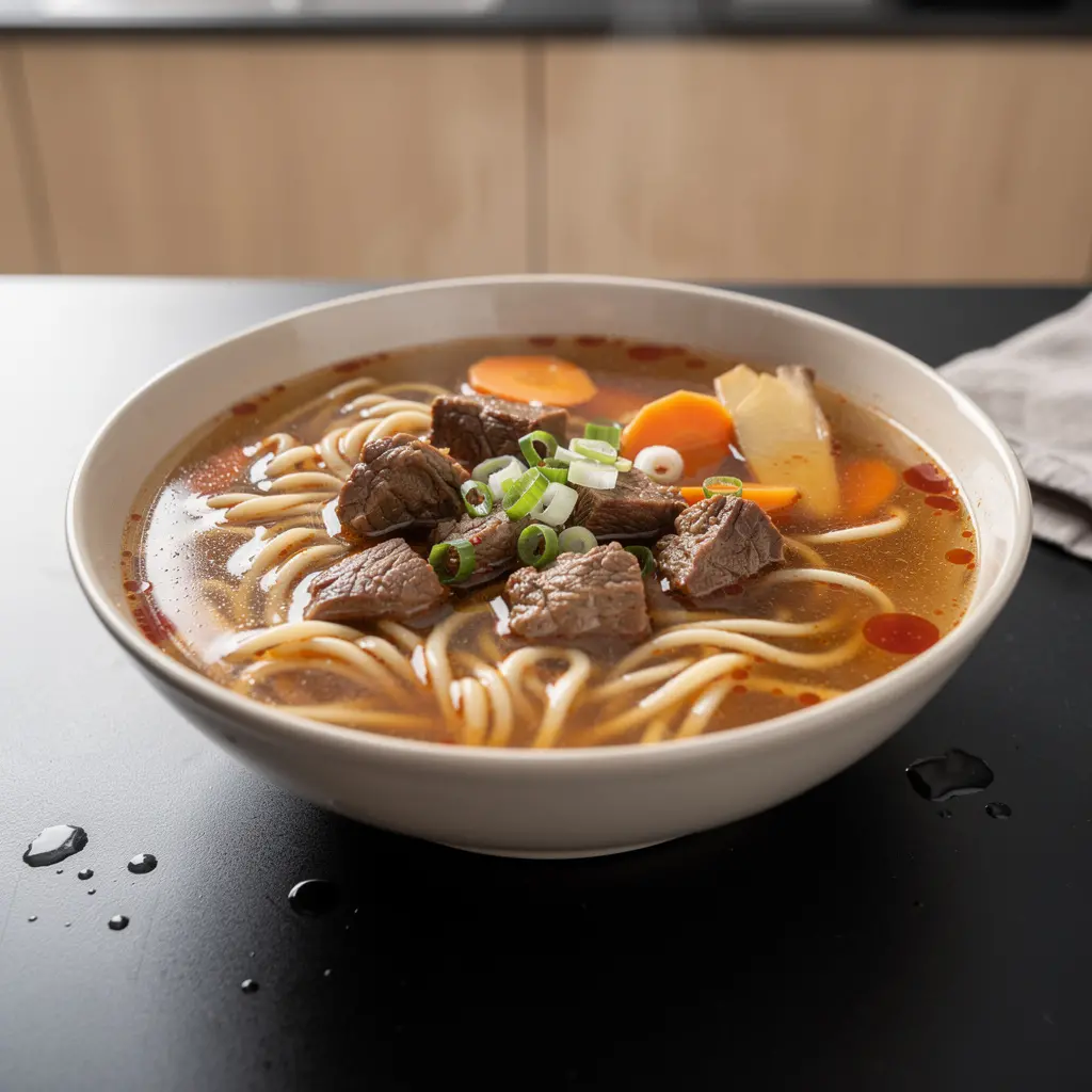 Chińska zupa z makaronem i wołowiną w aromatycznym bulionie