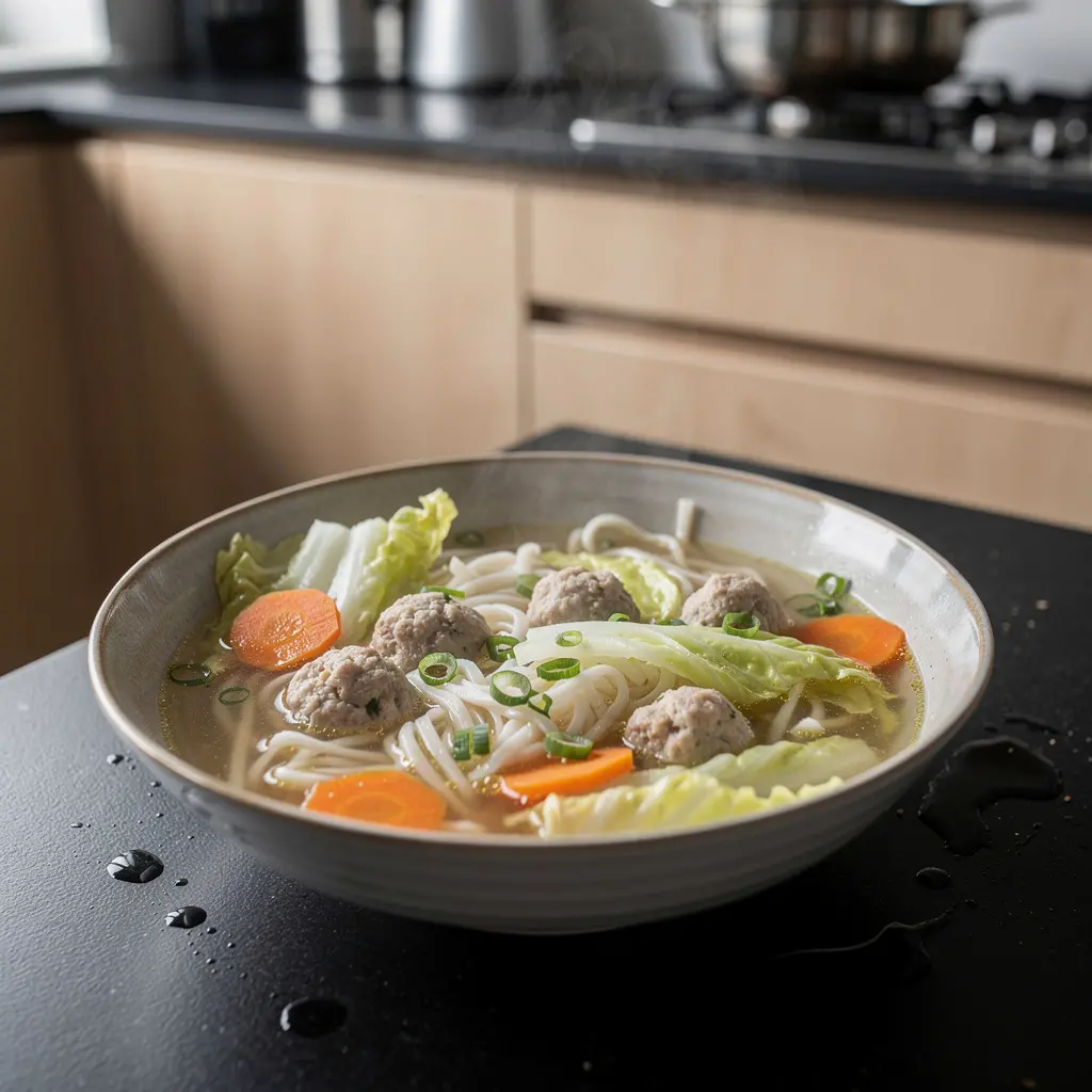 Chinese Rice Noodle Soup with Pork Meatballs