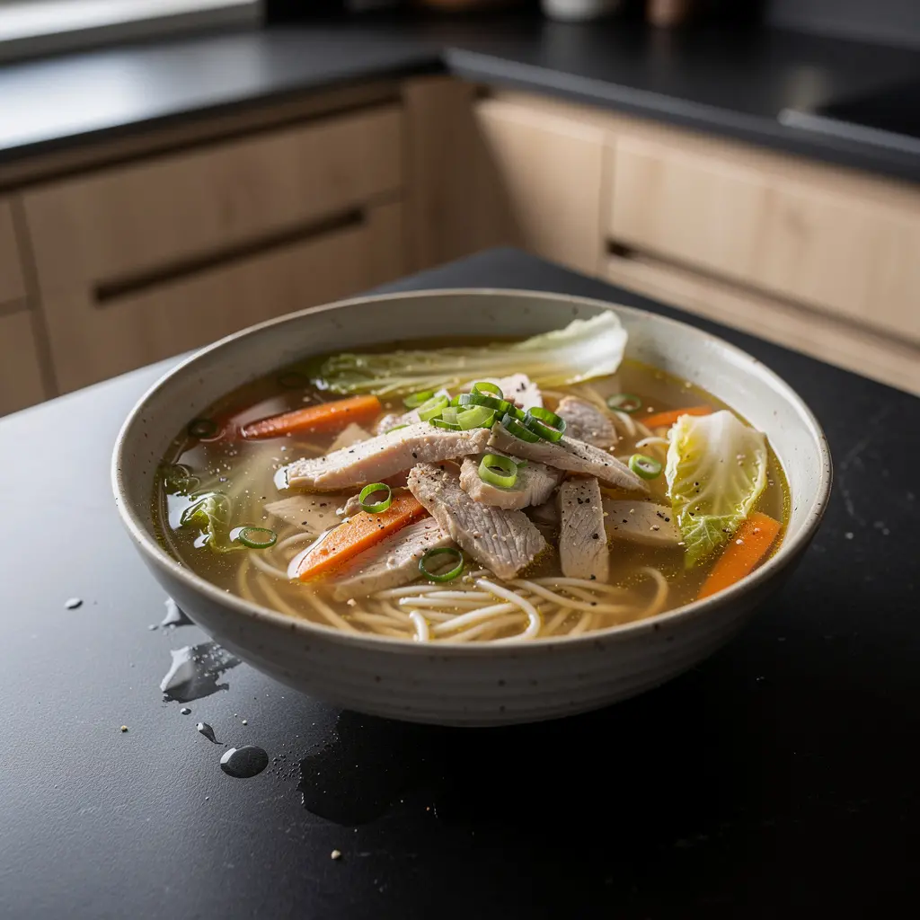 Chińska zupa z makaronem ryżowym i kurczakiem po domowemu