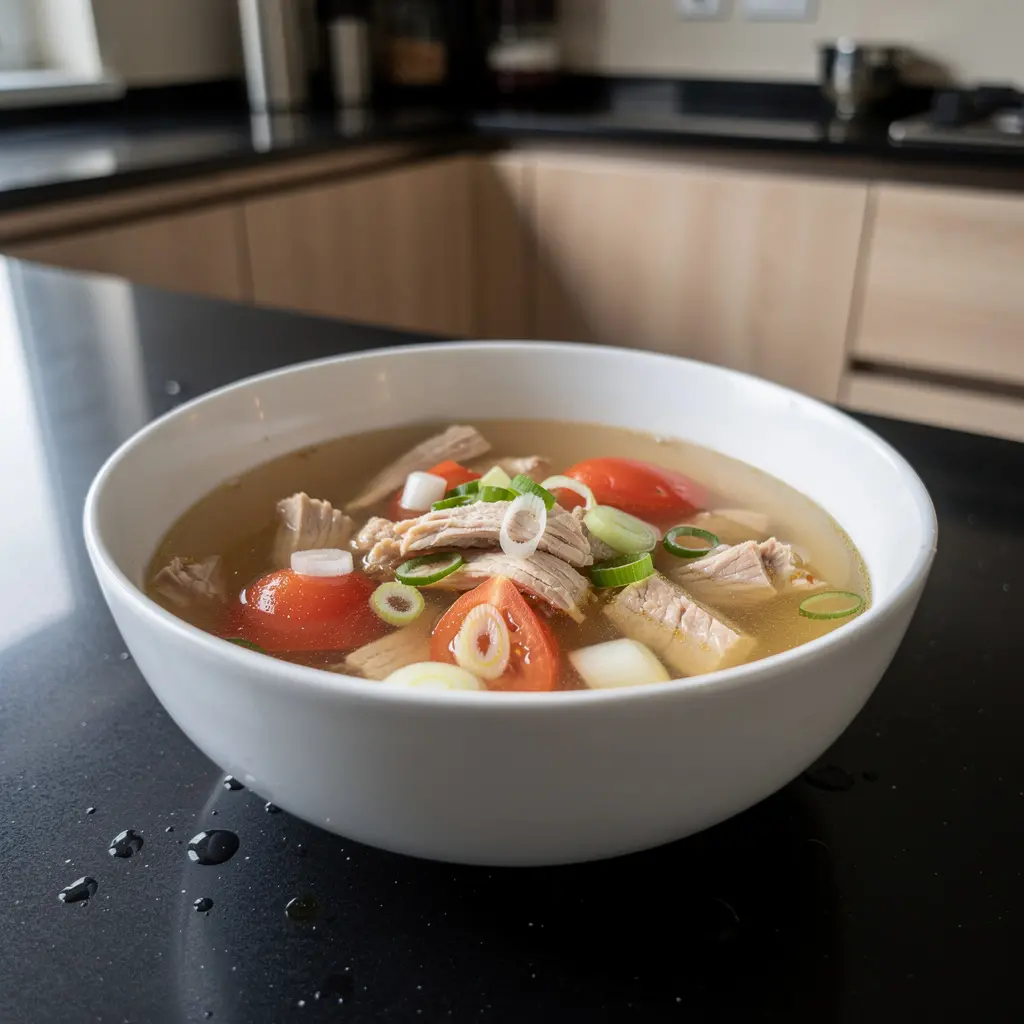 Chińska zupa z pomidorami i kurczakiem w lekkim bulionie