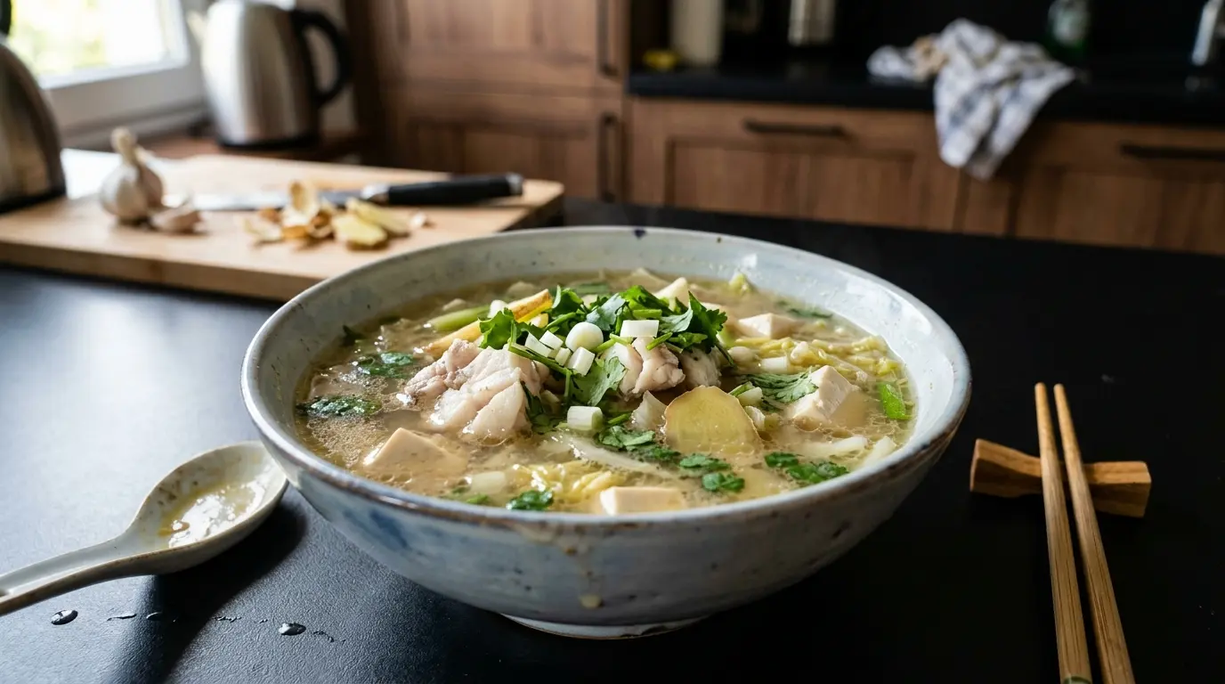 Chińska zupa z rybą, imbirem i tofu