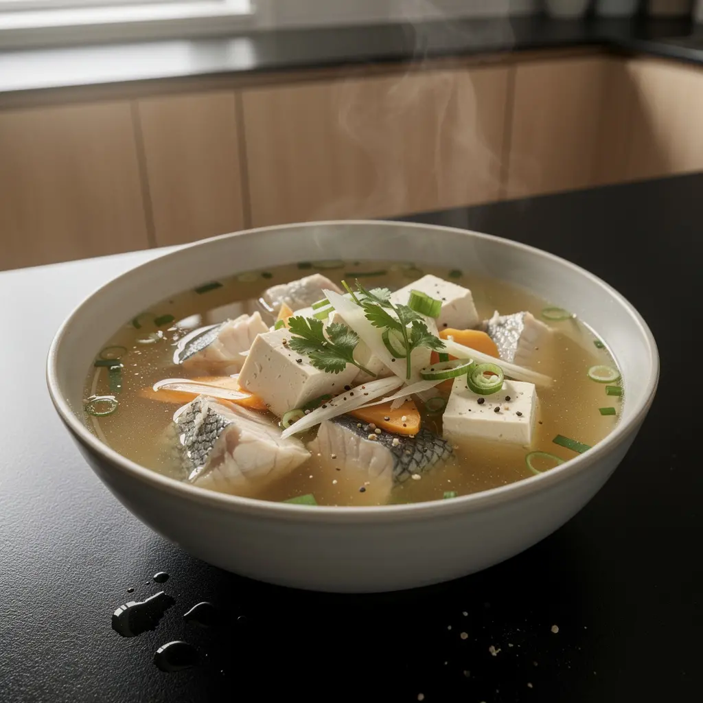 Chińska zupa z rybą, imbirem i tofu