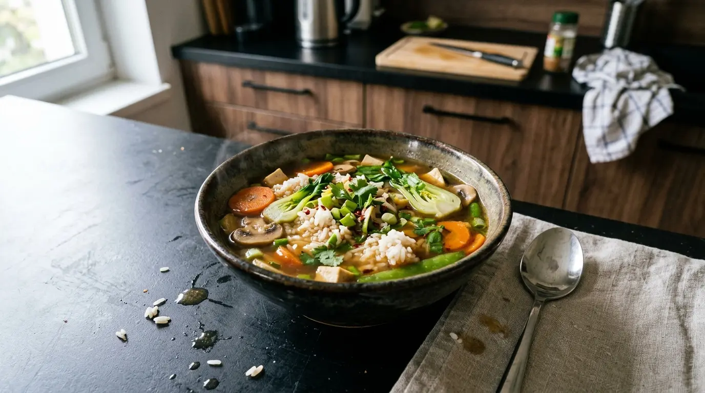 Chinesische Suppe mit Jasminreis und Gemüse für ein leichtes Abendessen