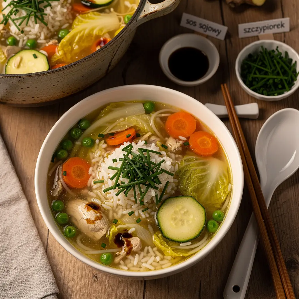 Chińska zupa z ryżem jaśminowym i warzywami na lekką kolację