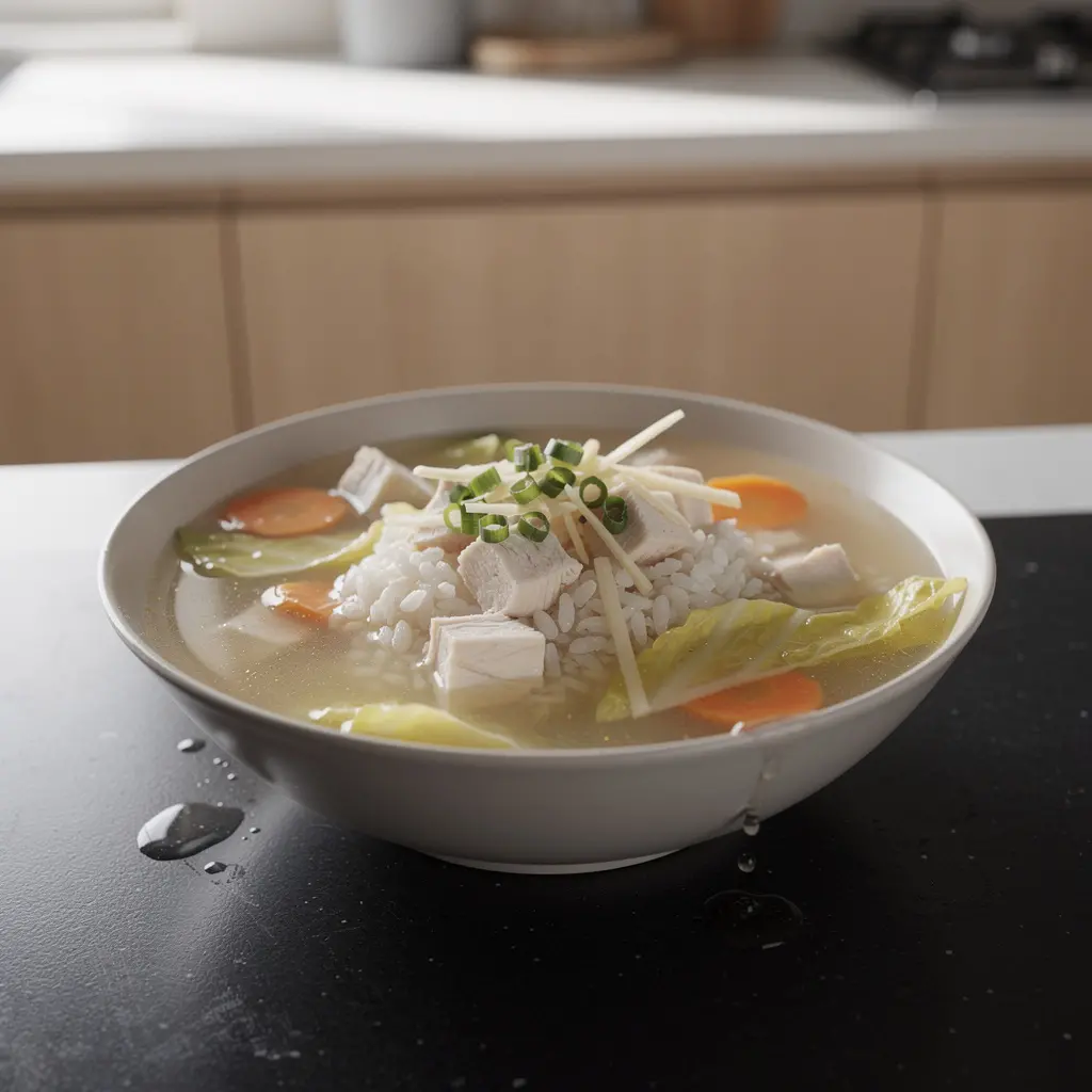 Chińska zupa z ryżem jaśminowym i kurczakiem z imbirem