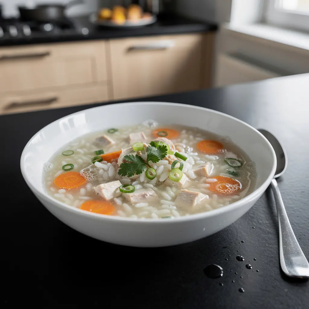 Chińska zupa z ryżem, kurczakiem i marchewką na jeden garnek