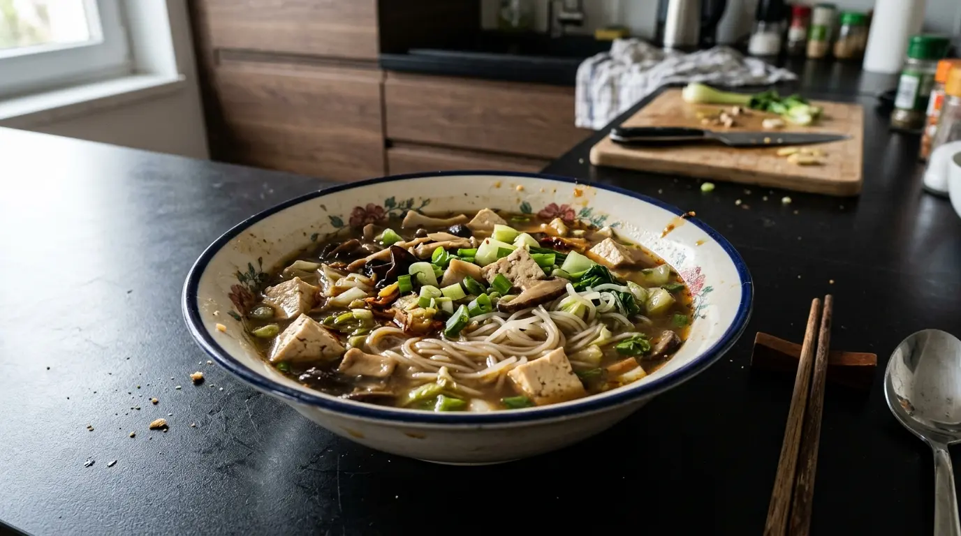 Chińska zupa z tofu, grzybami i makaronem ryżowym