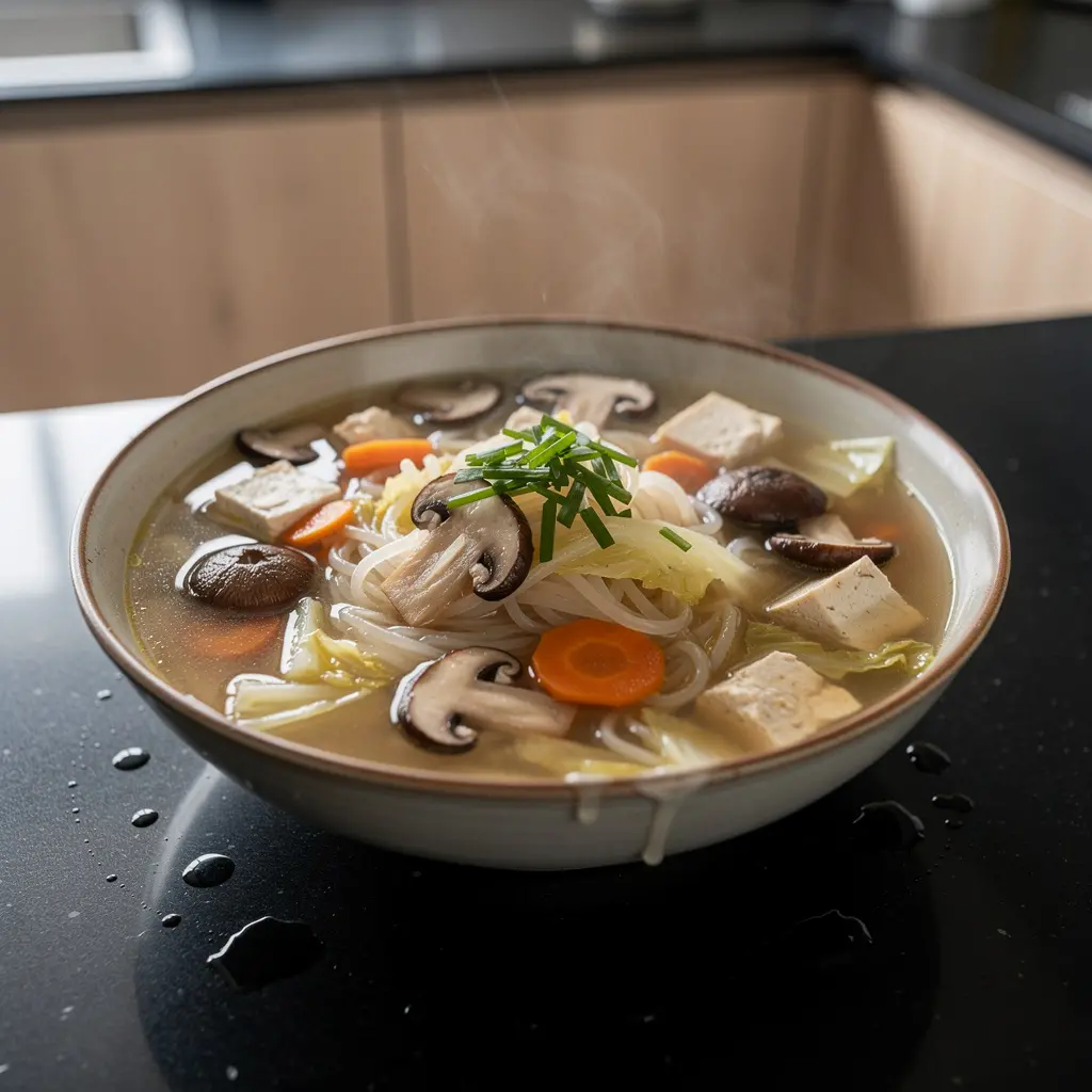 Chińska zupa z tofu, grzybami i makaronem ryżowym