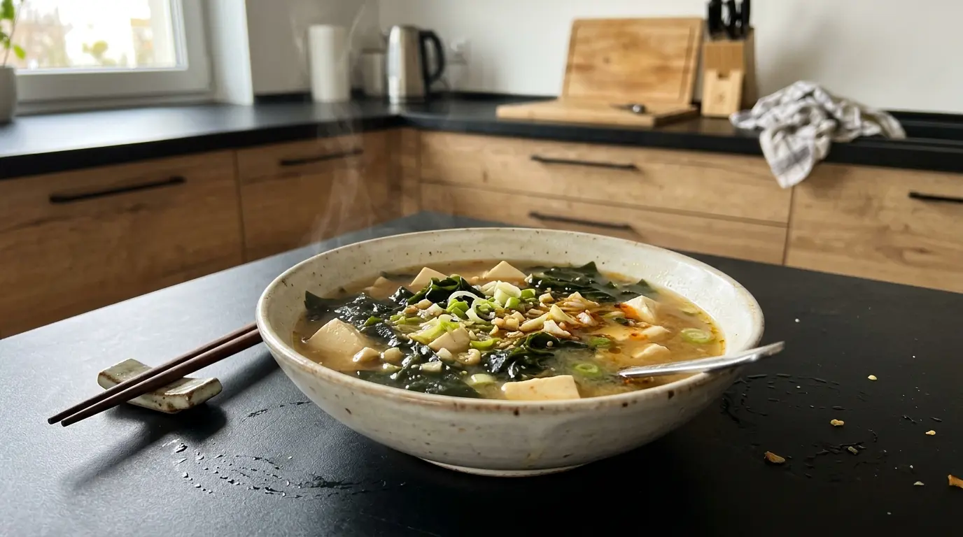 Chińska zupa z tofu i glonami wakame