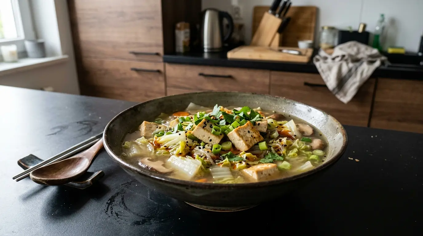 Chińska zupa z tofu i kapustą pekińską w lekkim bulionie
